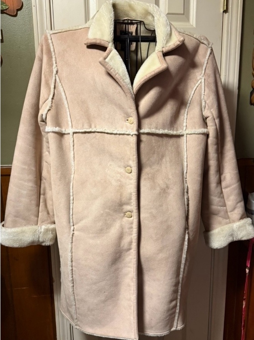 Women’s ~ Coat ~ Beige ~ Button Front ~ Faux Fur Lined ~ Mid-Length ~ Solid